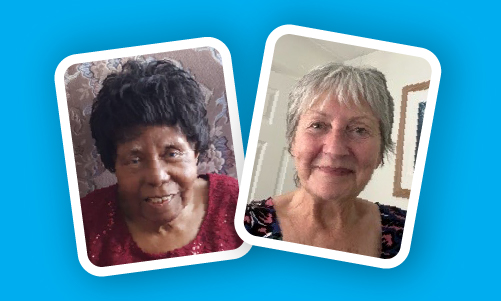 Selfie photos of two older women on a blue background